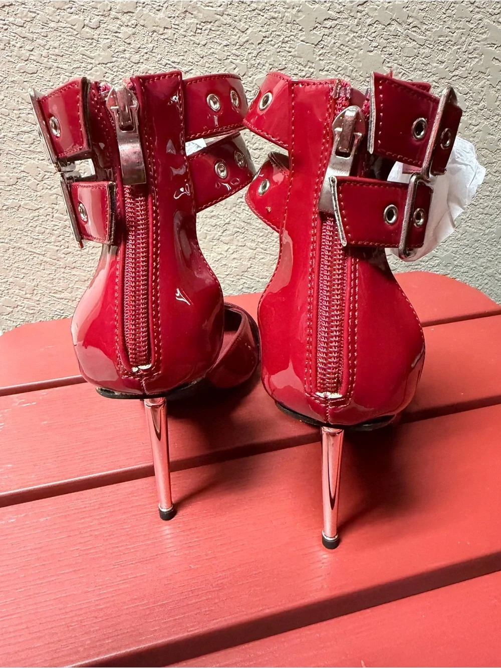 Red Pointed Toe Ankle Strap Stiletto Heels with Buckle Detail NEW